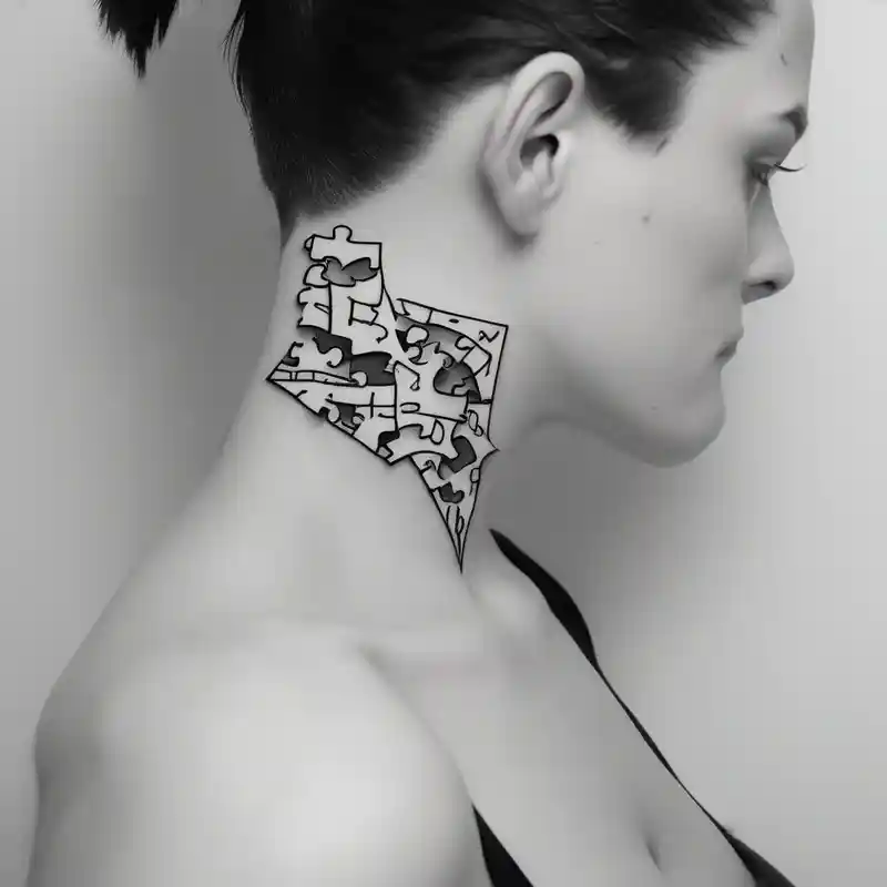 side of the neck puzzle piece tattoo where one of the pieces says Rella drake tattoos – Croquis, Noir et blanc